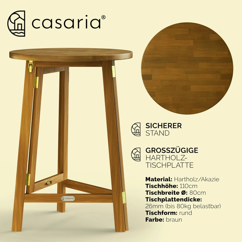 Tavolino Alto Pieghevole Legno di Acacia Ø 80 x 110cm Tondo Tavolo da Giardino Balcone Richiudibile