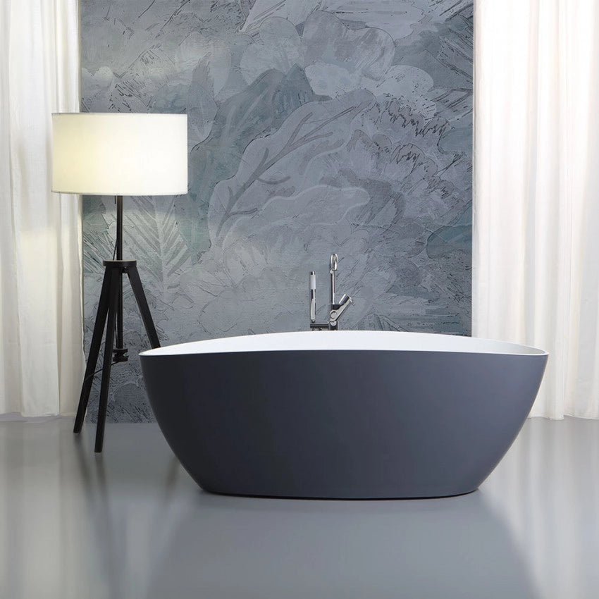 Vasca da bagno moderna freestandig in marmo resina a barca bianca grigia 157cm Badok Moray