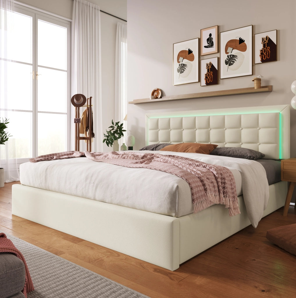 Letto matrimoniale 160x200 cm con contenitore; LED e rivestimento in PU bianco