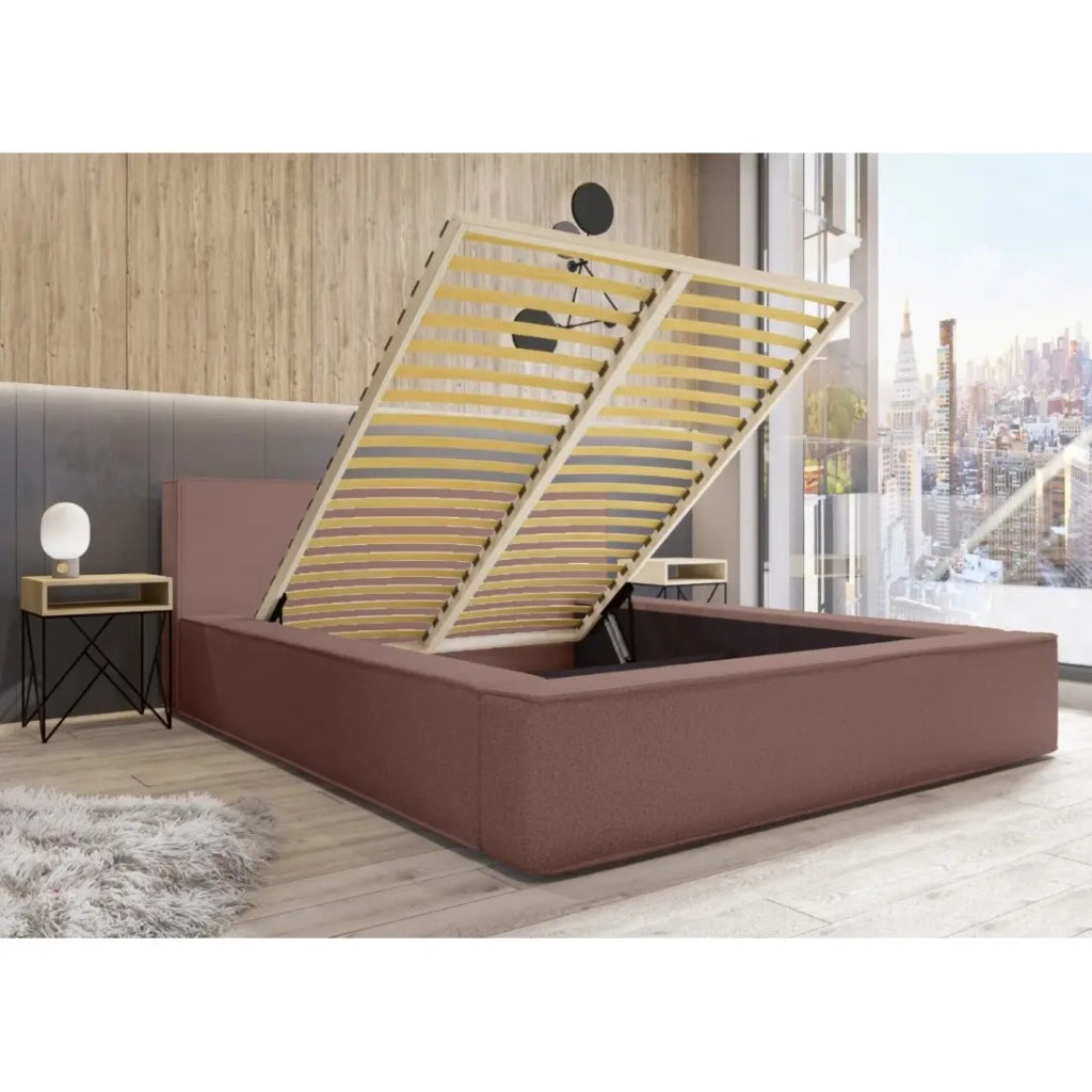 Letto con contenitore VELORA – Terracotta bouclé – 180x200 cm – Tessuto velluto morbido – Rete sollevabile – Spazio di stoccaggio integrato
