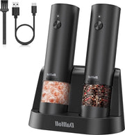 Set di macinacipolle e pepe con base ricaricabile tramite USB - Macinacipolle navellabili con regolazione della finitura - Comando con una mano - Nero