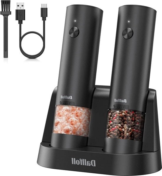 Set di macinacipolle e pepe con base ricaricabile tramite USB - Macinacipolle navellabili con regolazione della finitura - Comando con una mano - Nero
