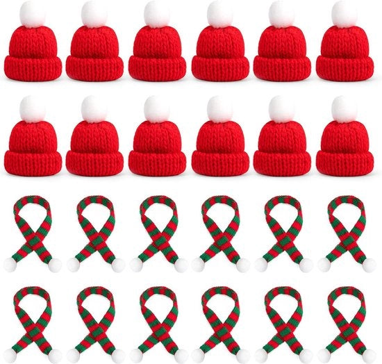 Set di mini copricapo e scialli in lana a maglia - copricapo e sciallo piccolo per decorazioni di tavola e bottiglie - 24 pezzi.