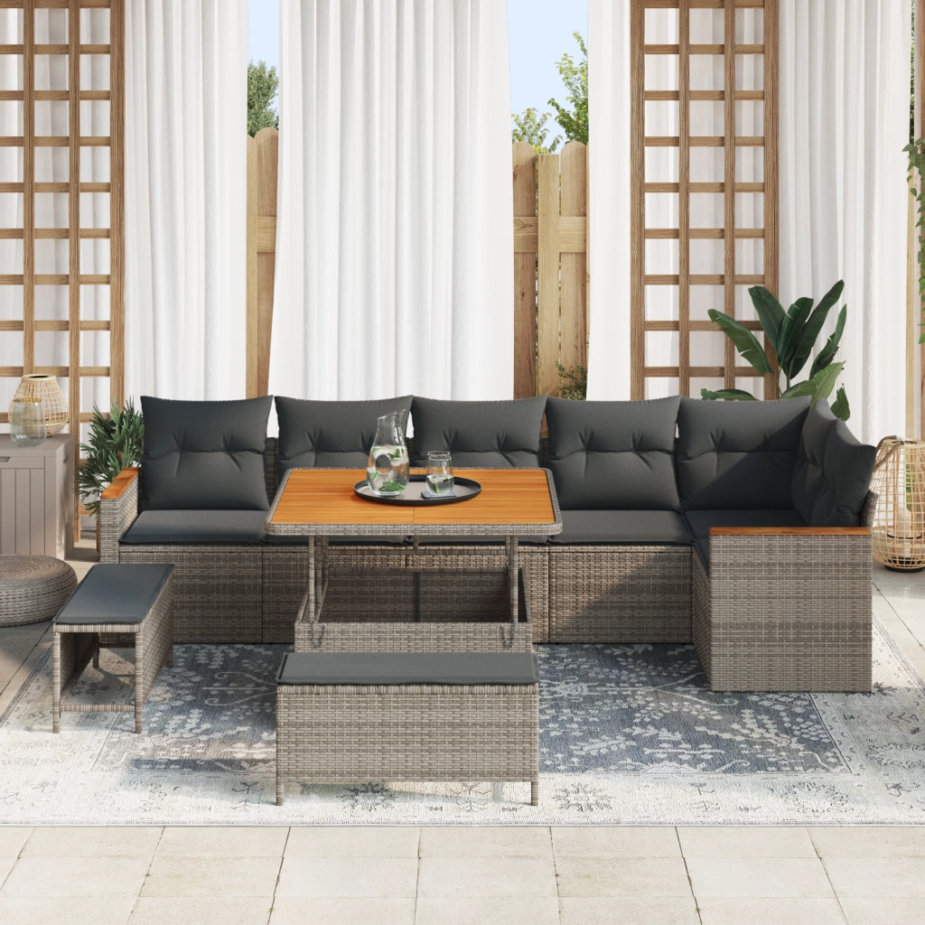 Set di divani da giardino  da 9 pezzi con cuscini grigi in polirattan acacia