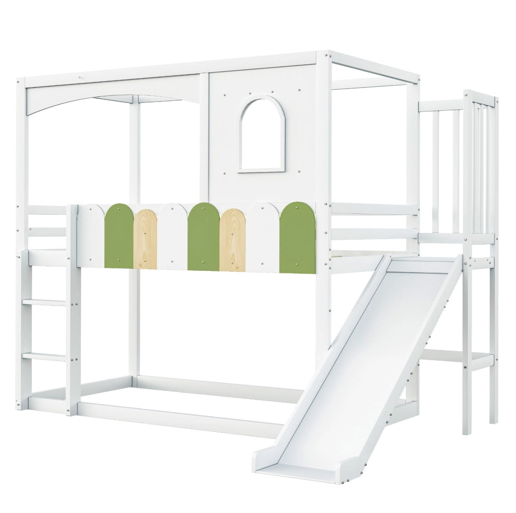 Letto a soppalco per bambini 90x200 cm con scivolo; scala di sicurezza e struttura a casetta