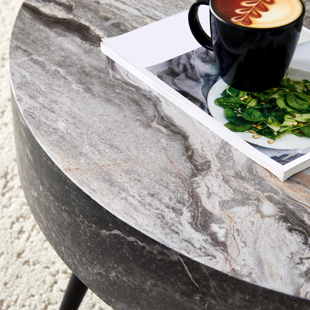 TAVOLINO DA CAFFÈ rotondo 70 cm effetto marmo grigio MDF e metallo nero
