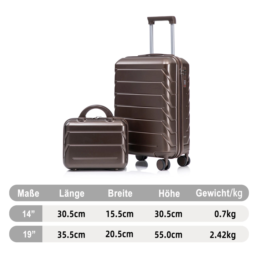 Set di 2 valigie girevoli in ABS da 14"/19" con lucchetto a combinazione e trousse da 14" (marrone)