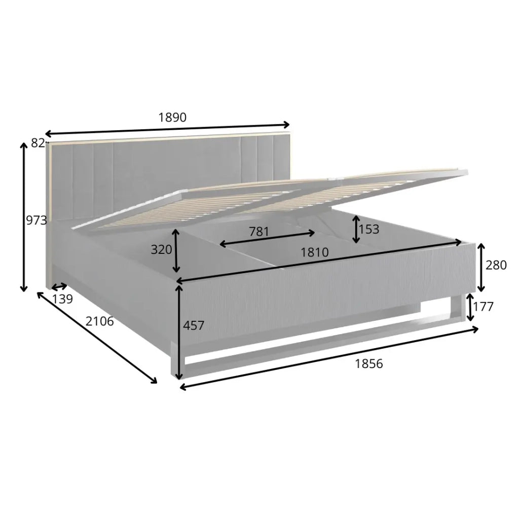 Letto contenitore MONDO – 180x200 cm – Nero strutturato e dorato – Piedi in metallo – Rete inclusa