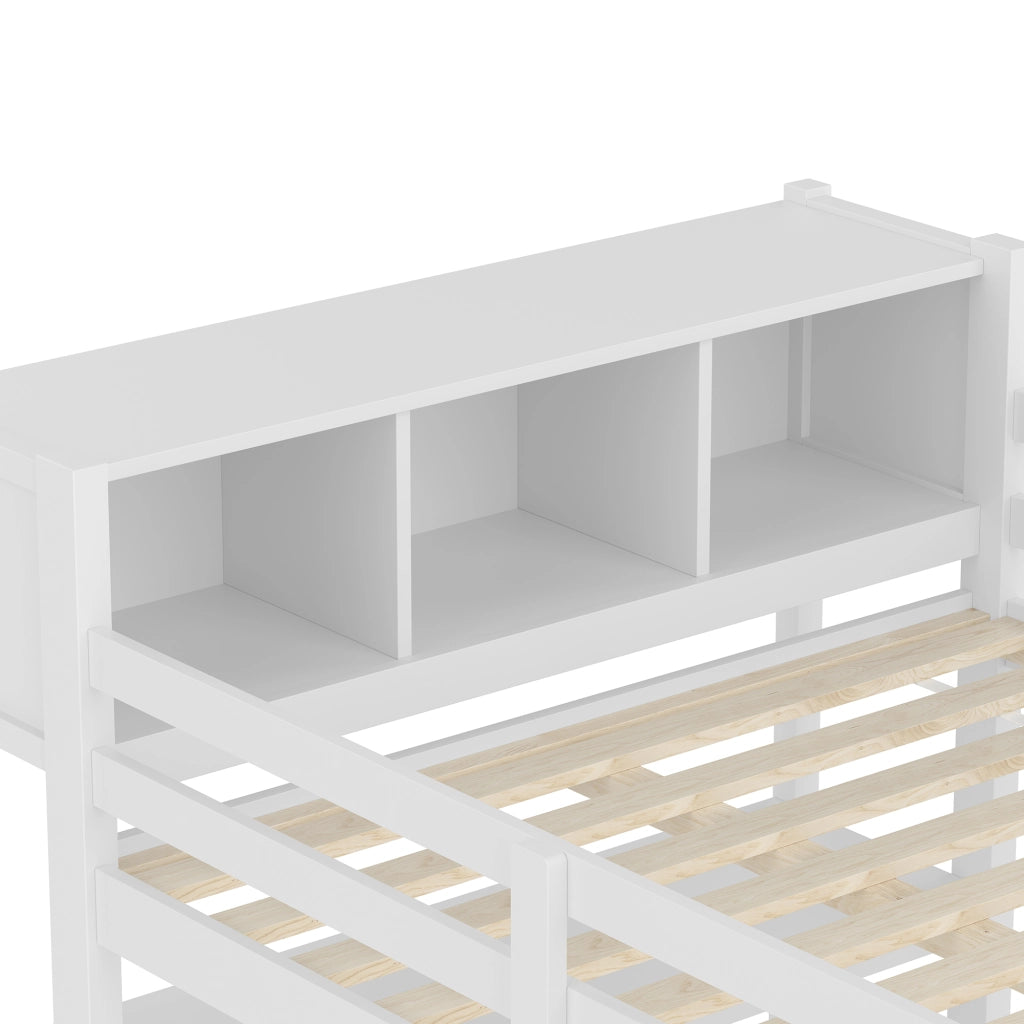 DESMIU Letto a soppalco 140 × 200 cm 2 posti con scrivania, ripiani, armadio e senza materasso, in pino, bianco
