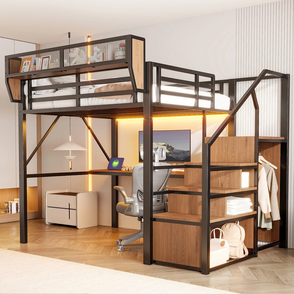 Letto a soppalco con LED e scrivania ¨C Minimal ¨C Nero metallo 140x200cm