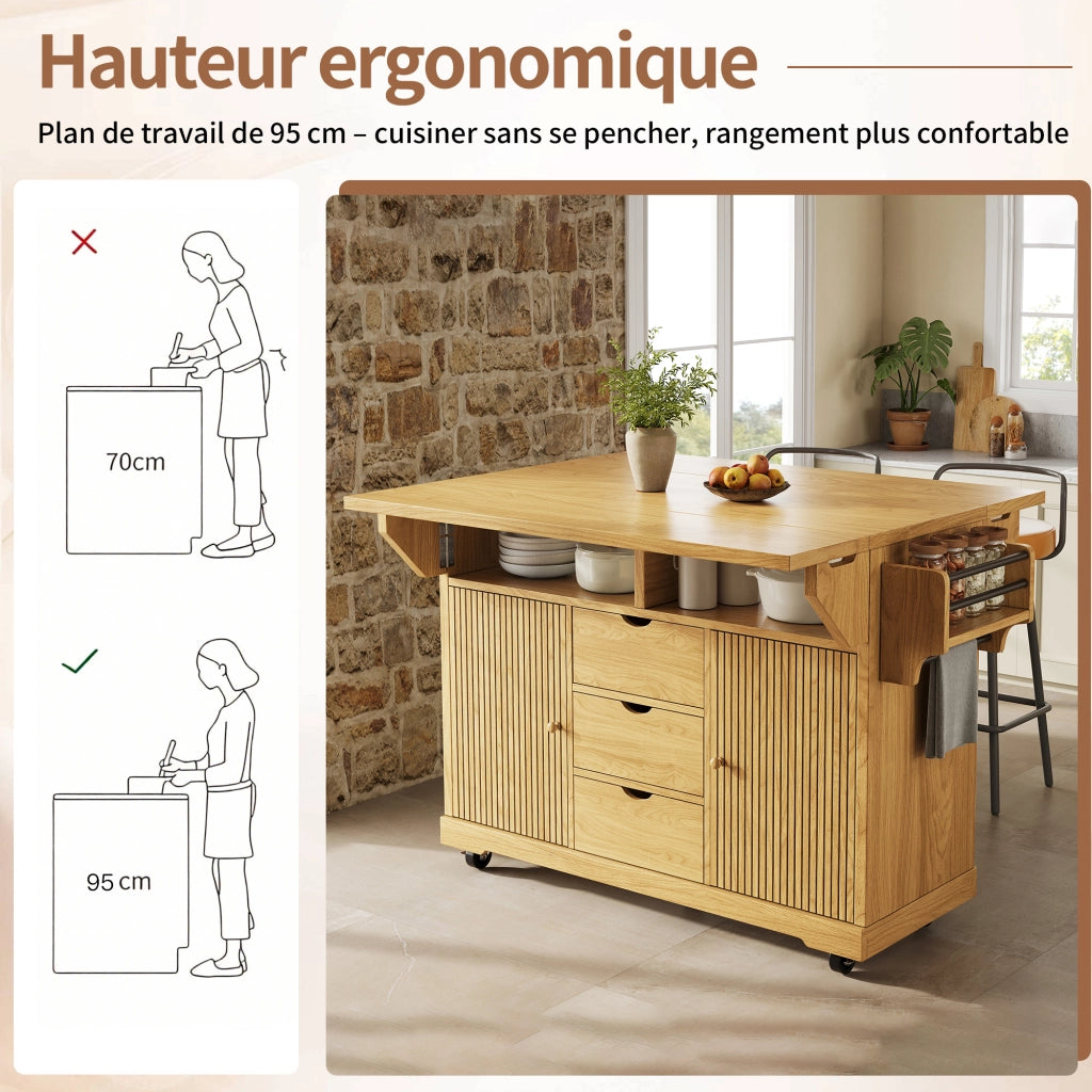 Carrello da cucina con 3 cassetti; ripiani regolabili e allunghe pieghevoli; per cucina e sala da pranzo