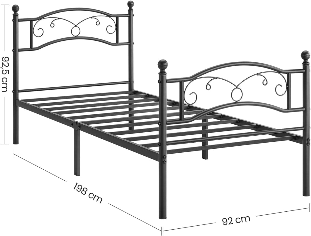 VASAGLE Struttura Letto Singolo in Metallo, Letto a Doghe per Materassi di 90 x 190 cm, per Stanza di Ospiti, Montaggio Facile, Nero RMB071B01