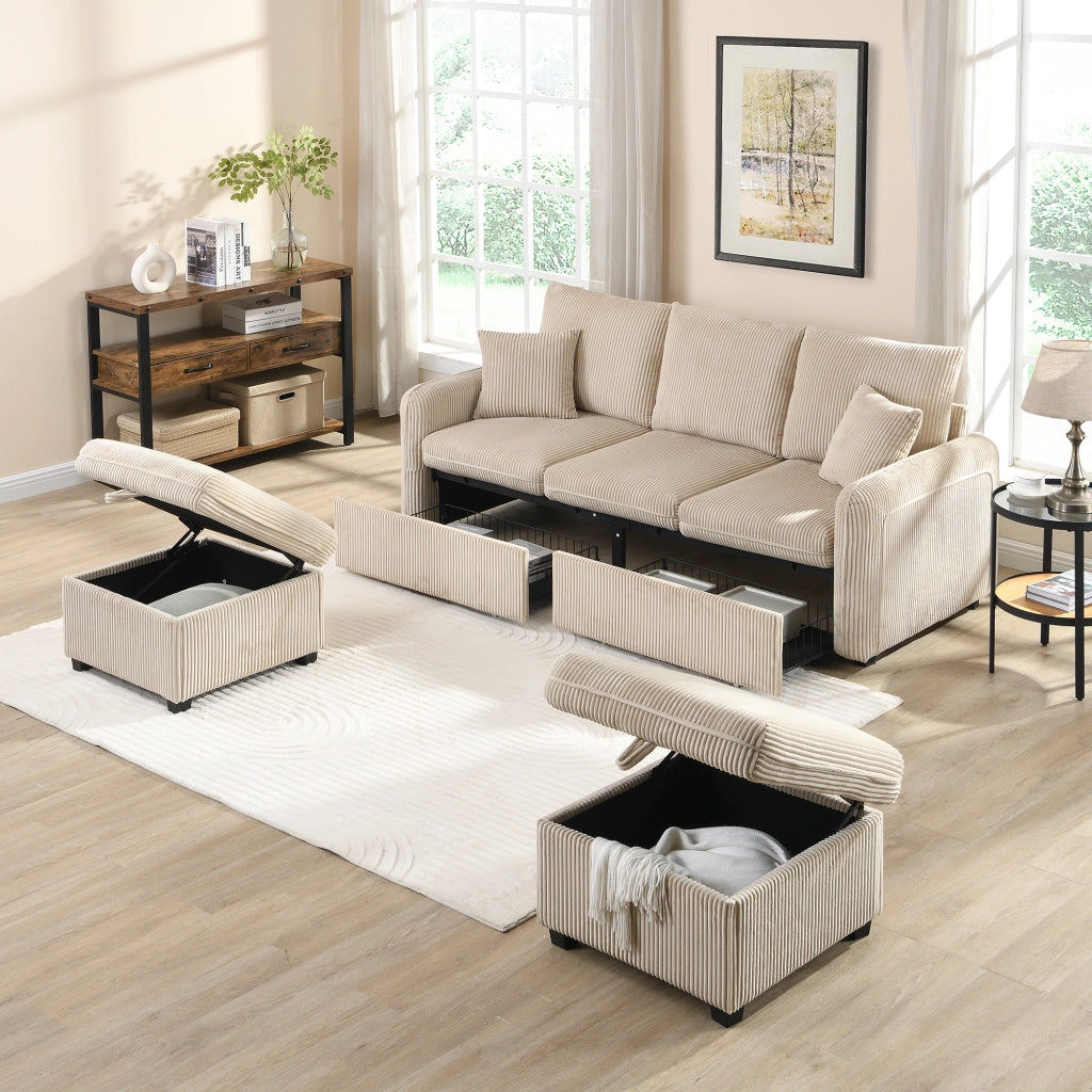 Divano angolare U 3 posti con cassetti e pouf ¨C MINIMAL ¨C Tessuto a coste, modulare con funzione letto