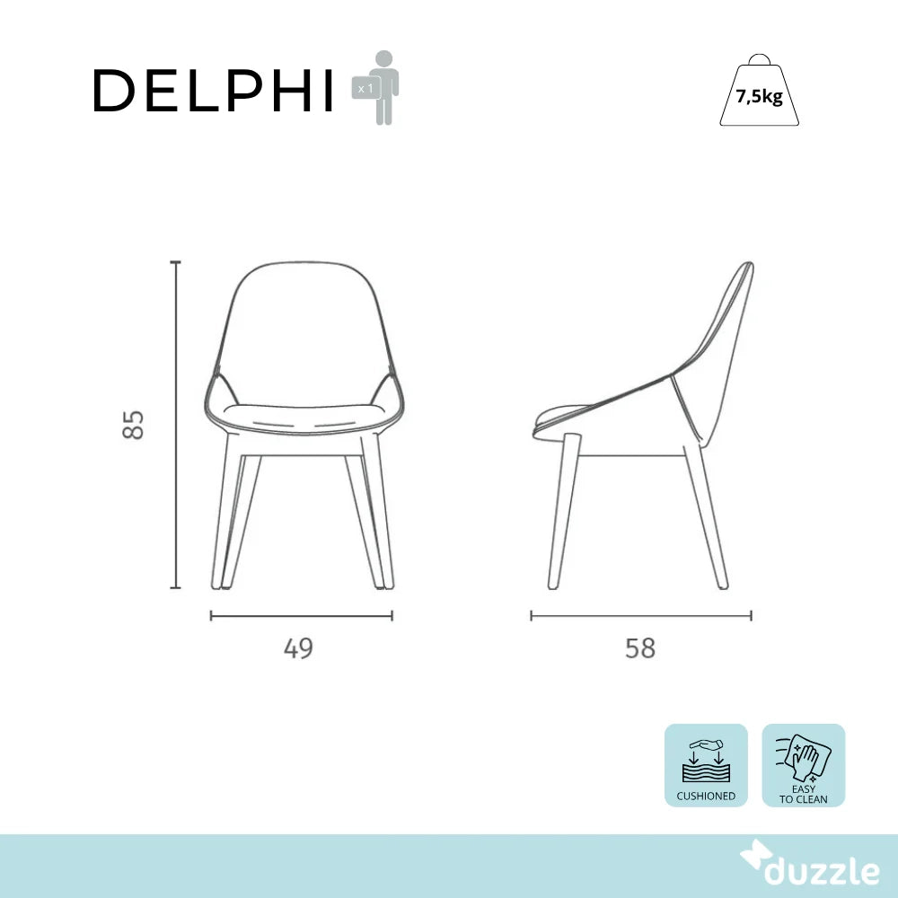 Set di 4 sedie da pranzo imbottite in tessuto grigio chiaro Delphi con struttura in legno massello di noce facili da pulire | Duzzle