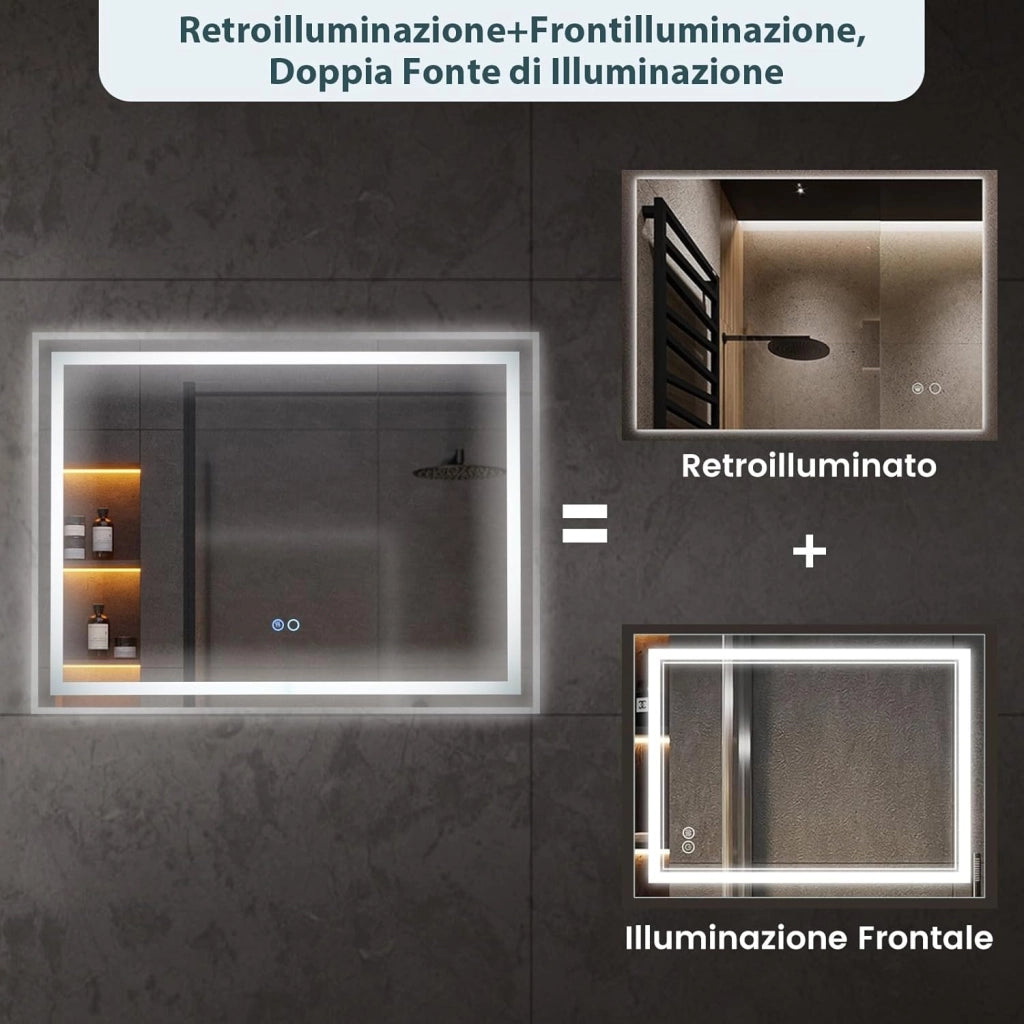 Specchio da Parete 80 x 60cm, Specchio da Bagno Rettangolare con Luce Led a 3 Colori, Interruttore Touch, Funzione Antivapore e Memoria, IP44