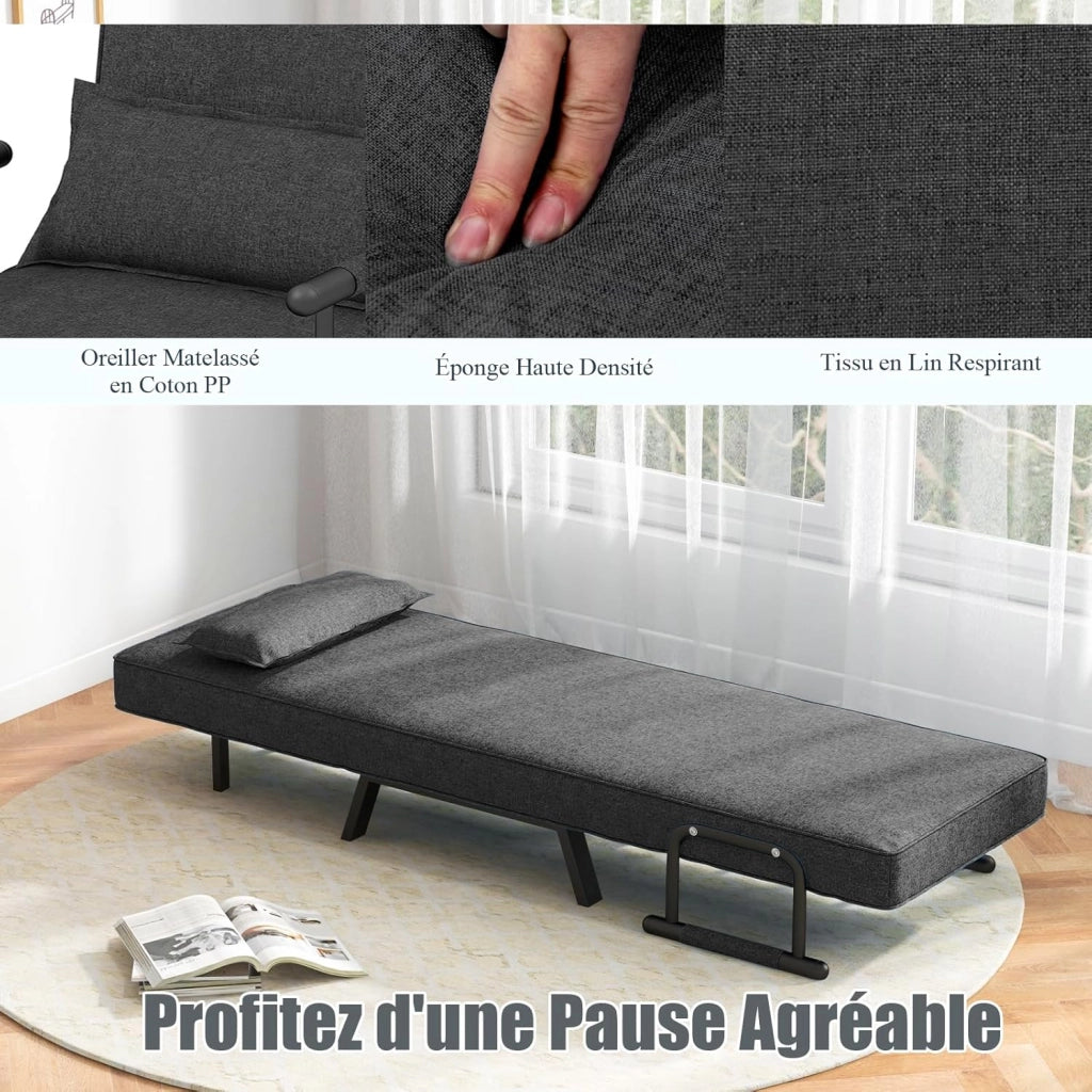 4 in 1 Poltrona Letto Singolo, Poltrona Pieghevole con Schienale Reclinabile a 6 Livelli, Divano Letto con Materasso e Cuscino, per Soggiorno e Salotto, 79 x 65 x 79 cm (Grigio Scuro)
