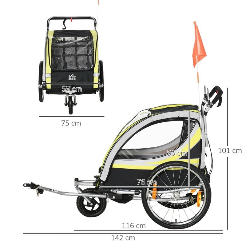 RIMORCHIO BICI E PASSEGGINO PER 2 BAMBINI CON CINTURE DI SICUREZZA E BANDIERINA