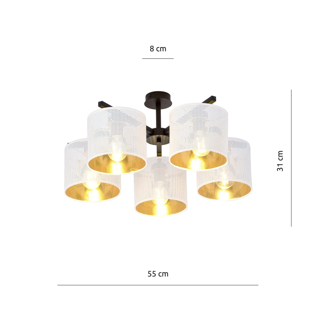 Plafoniera Industrial 5 Luci Cigno In Acciaio Bianco E Paralumi A Cilindro Oro