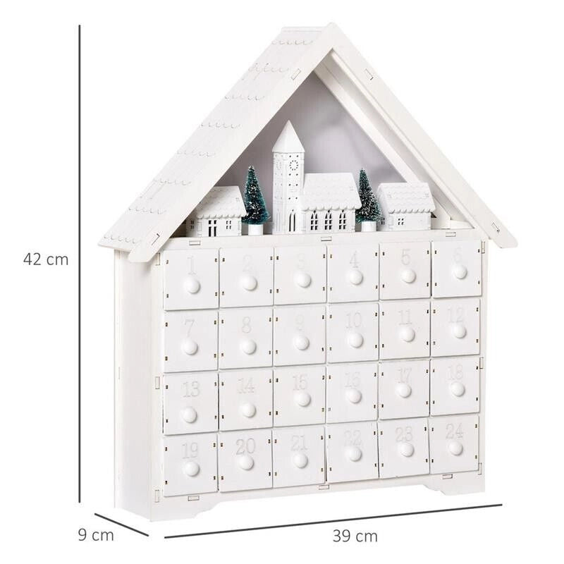 CALENDARIO DELL'AVVENTO IN LEGNO 24 CASSETTI E VILLAGGIO DI NATALE CON ALBERI + LUCI 39X9X42 CM  BIANCO