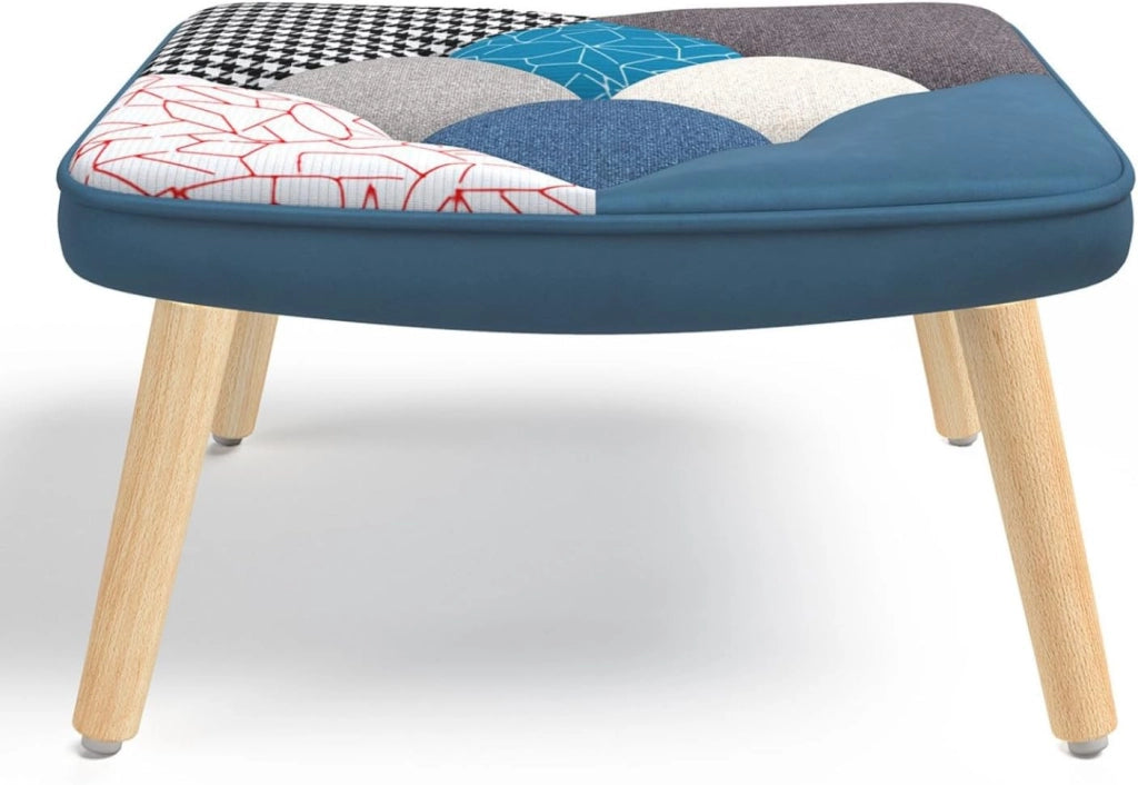 IVAR Poltrona scandinava con poggiapiedi in tessuto patchwork e velluto blu