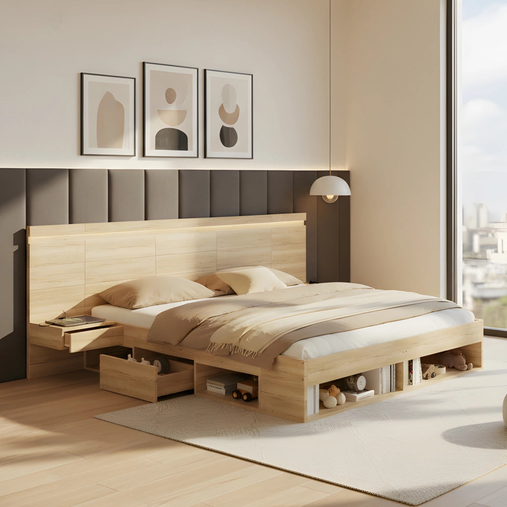 Letto matrimoniale 180x200 cm con contenitore, testiera LED, prese USB e USB-C, 2 comodini, MDF naturale