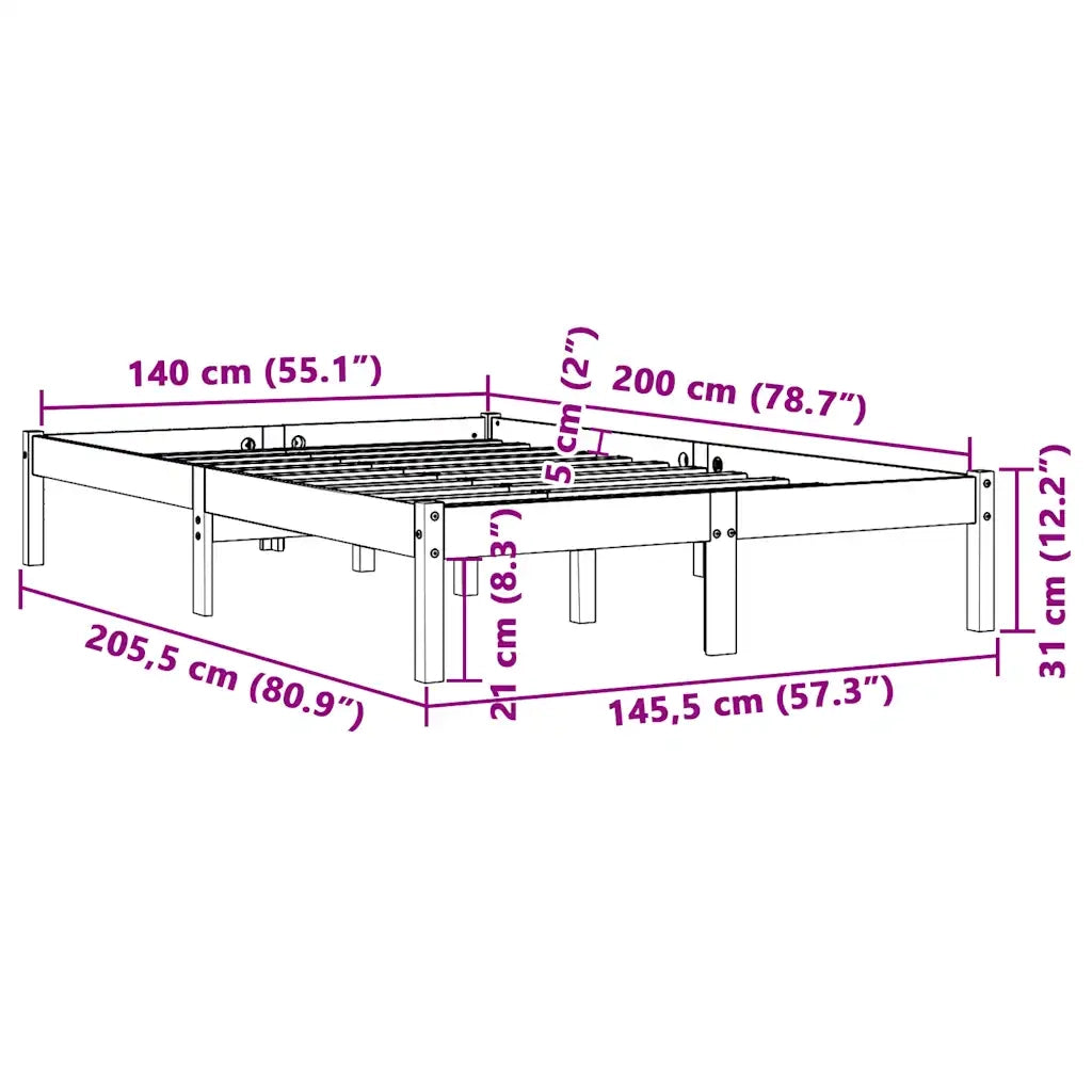 Letto matrimoniale | Letto per adulti | Giroletto senza Materasso Marrone Cera 140x200cm Massello Pino