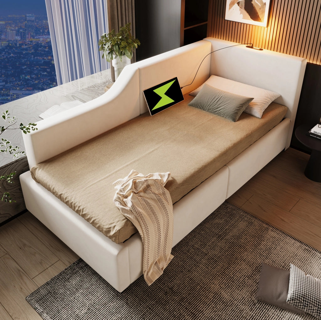 Letto daybed imbottito 90x190 cm in velluto beige con contenitore; lampada lettura e USB-C
