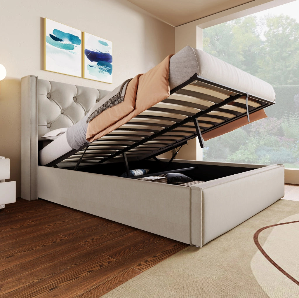 Letto imbottito 160x200 cm con contenitore sollevabile, grigio chiaro