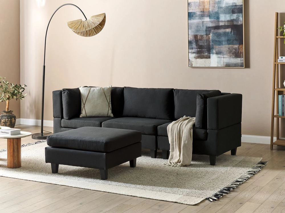 Divano Componibile Rivestito In Tessuto Nero 3 Posti con ottomano stile moderno