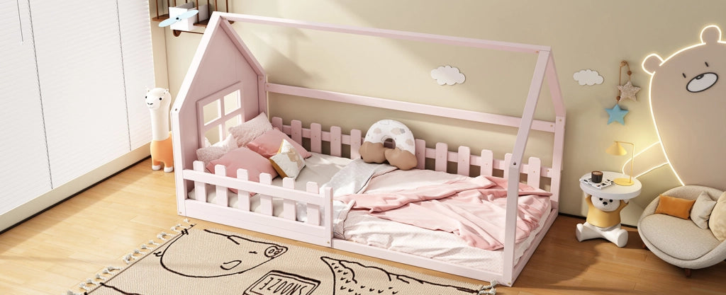 Letto per bambini 90x200cm in pino e MDF, design a casetta rosa