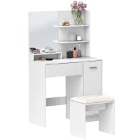 Toeletta Trucco con Specchio e Sgabello, Cassetto, Armadietto e Ripiani in Legno, Bianco