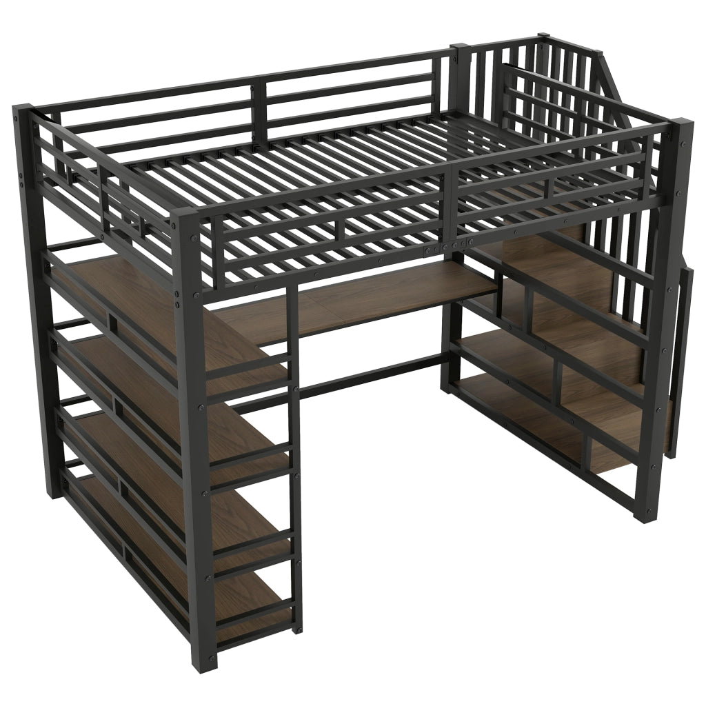 Letto a soppalco 140x200 cm con scrivania; scala contenitore; stazione USB e illuminazione LED; metallo nero