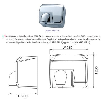 Asciugamani elettrico antivandalo in acciaio inox lucido 2500W