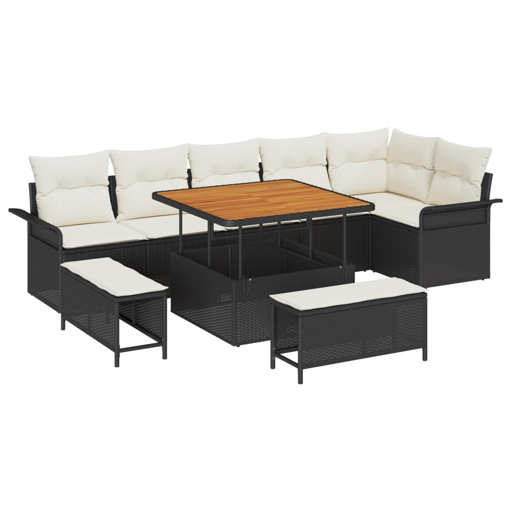 Set di divani da giardino di 9 pezzi con cuscini neri in polyrattan e acacia