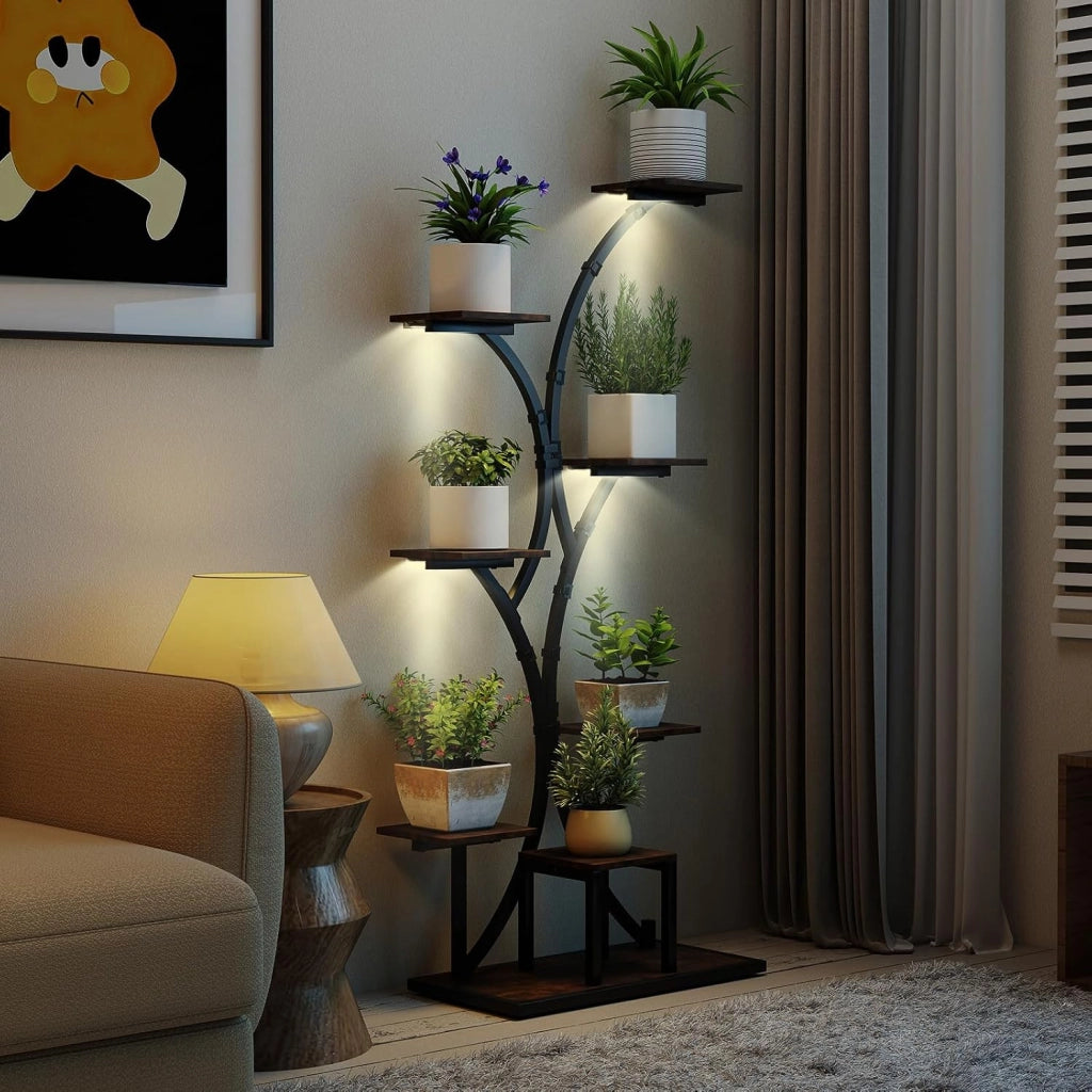 Scaffale per Piante da Interno ed Esterno, Porta Piante con Luci di Crescita, 8 Ripiani in Metallo ad Angolo, Porta Vasi per Balcone, Giardino e Soggiorno, 67 x 30 x 146 cm (1)