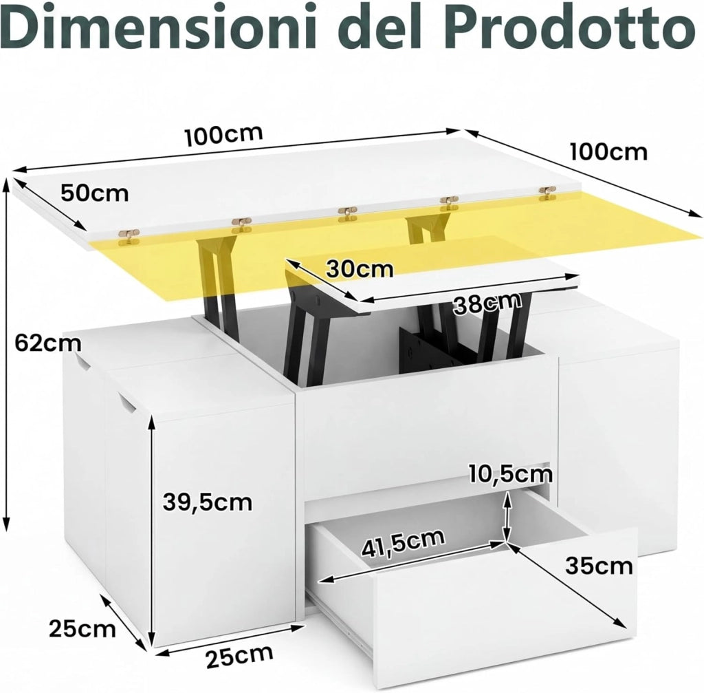 Tavolino da Caffè Sollevabile, Tavolini Salotto Moderno con 4 Sgabelli Ripiegabili, Vano Nascosto, 1 Cassetto, Carico 75 KG, Tavolo per Salotto, Ufficio, 100 X 100 X 62 CM (Bianco)