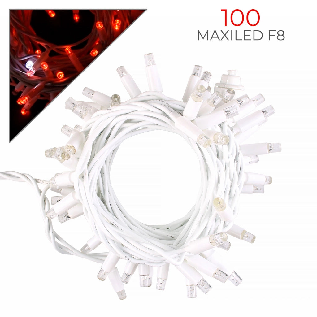 CATENA LUMINOSA CON 100 MAXI LED REFLEX 8MM CAVO BIANCO DA 10 METRI LUCE ROSSA E BIANCA - PERFETTA PER ESTERNI PROLUNGABILE FINO A 20 PEZZI