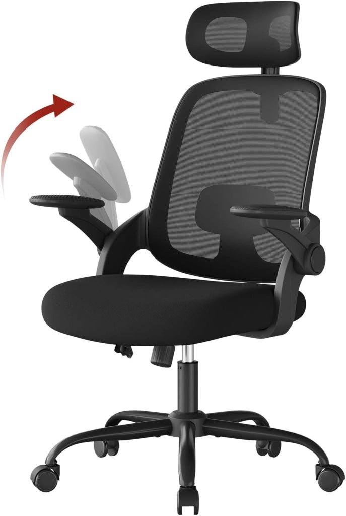 Sedia Ufficio Ergonomica con Poggiatesta e Braccioli Regolabili, Supporto Lombare, Poltrona Scrivania Girevole in Rete Traspirante Funzione Dondolo, Nero