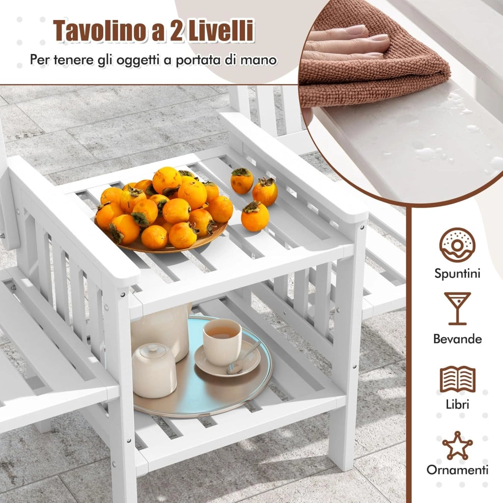 Set Tavolo e Sedie da Giardino con Foro per Ombrellone, Set di Mobili a 2 Posti in Legno Abete, Tavolino a 2 Ripiani, Sedia Portata 150 kg, Tavolino Portata 30+30 kg