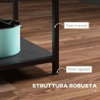 Tavolo da Pranzo per 4-6 Persone con 2 Ripiani Integrati, in Acciaio e MDF, Ø100x76 cm, Nero e Marrone