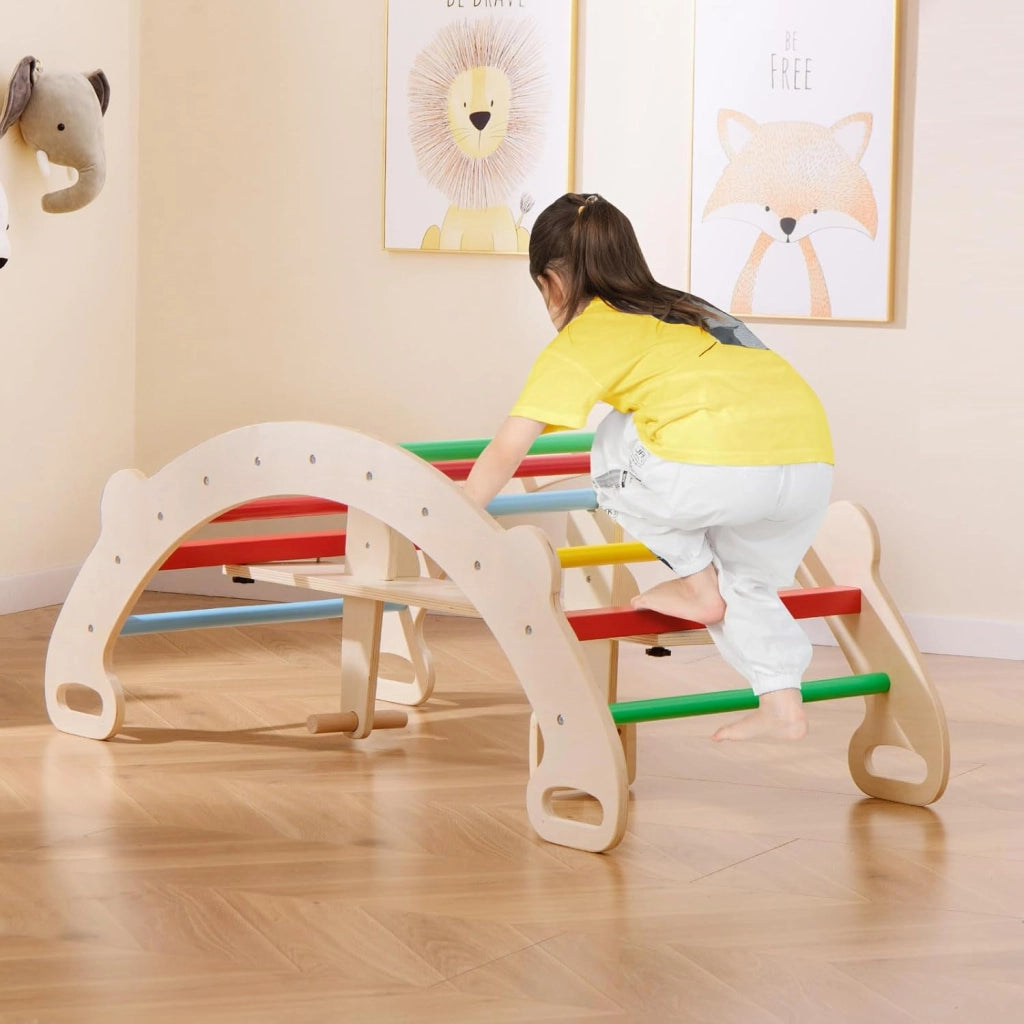 4 in 1 Arrampicata per Bambini, Arco Cavallo a Dondolo Multifunzionale in Legno, Dondolo a 35°, Ideale per Bambini 1-5 Anni, 112 x 52 x 44 cm