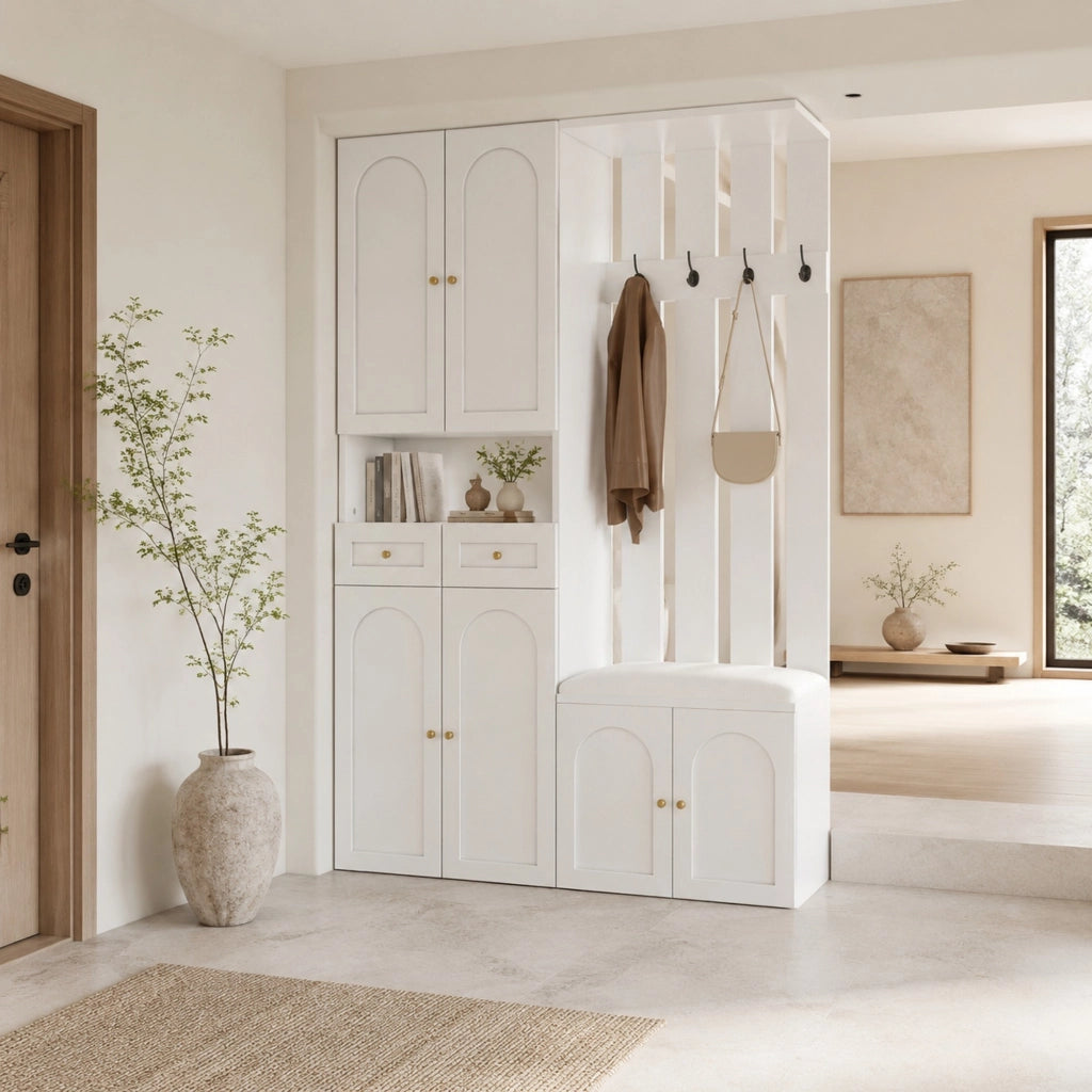 Set da ingresso 110x37x180 cm con panca, scarpiera, 4 ganci e 6 ante bianco