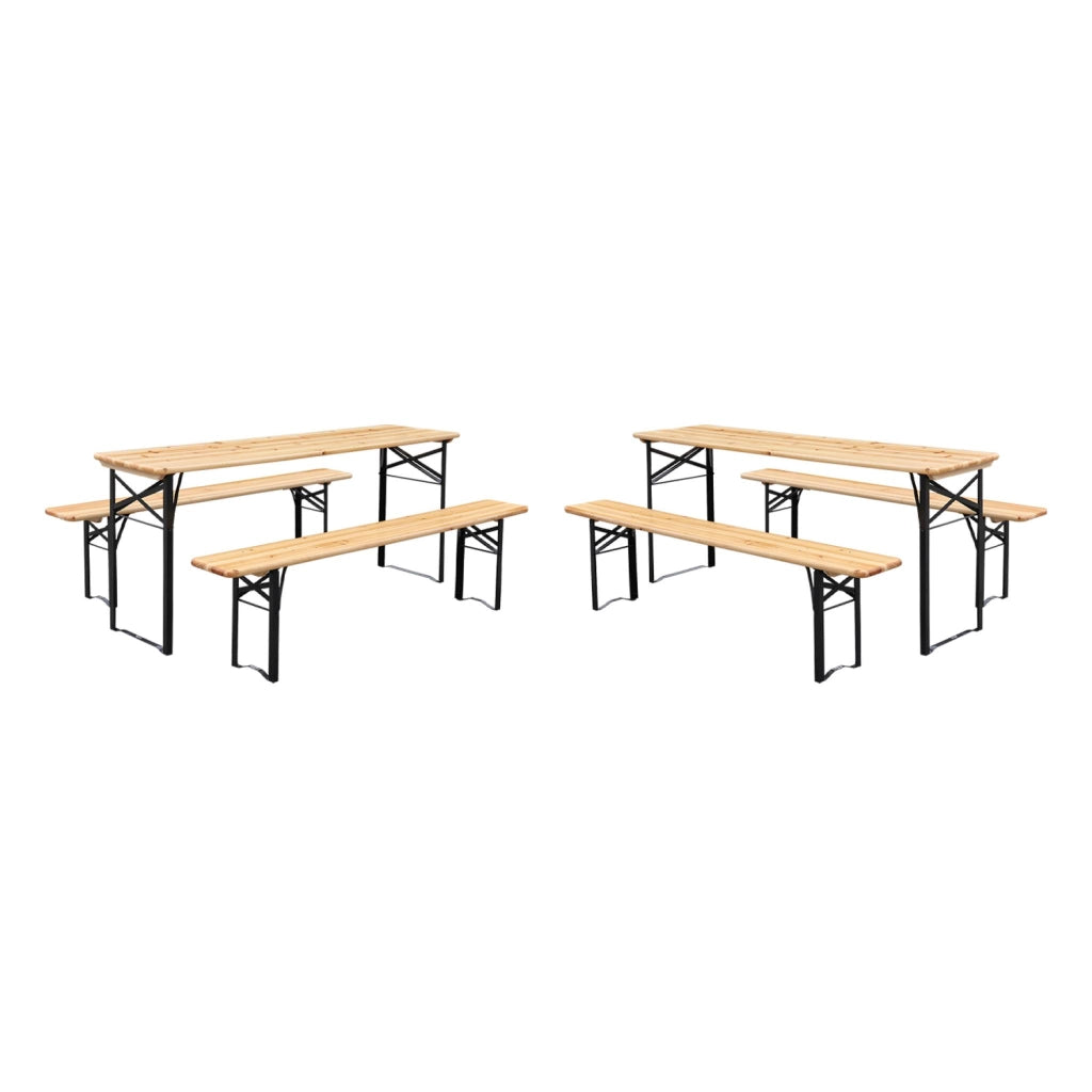 Set 2 tavoli da giardino pieghevoli in legno con 2 panche, marrone