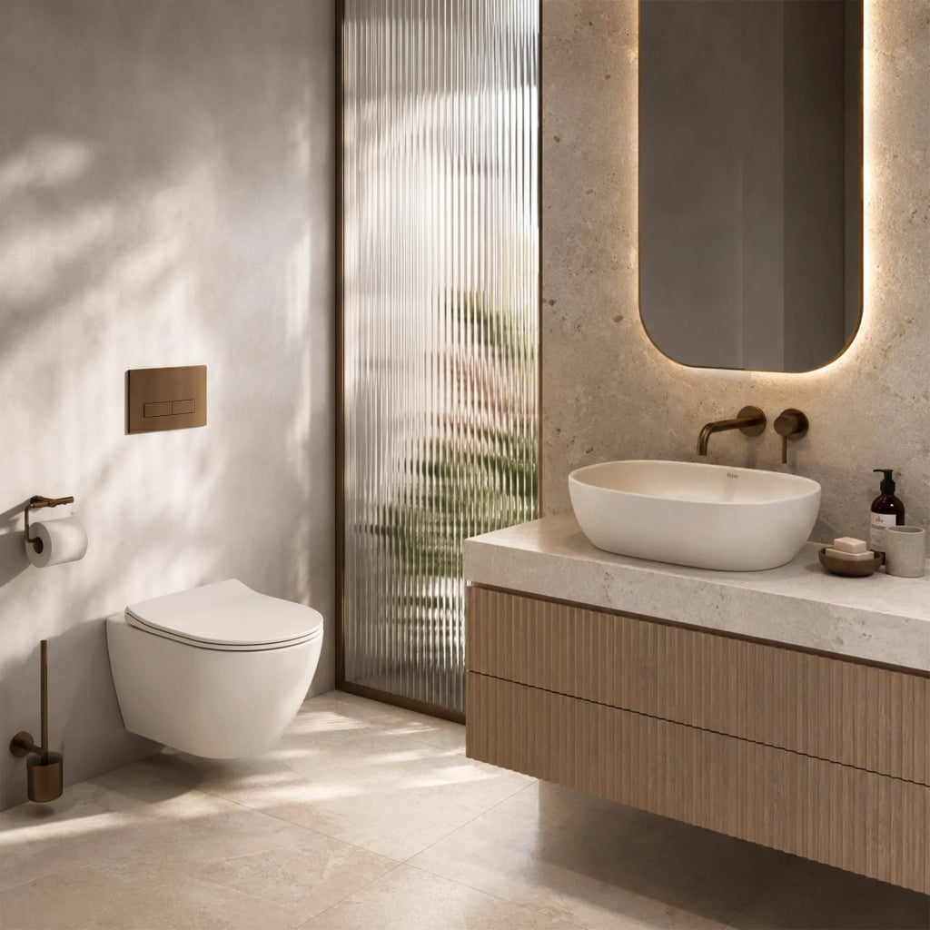 Set Wc Sospeso Focus + Lavabo Da Appoggio Rea Focus Creme