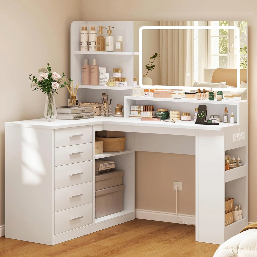 Toeletta da Trucco,Toeletta con Luci LED, 3 Colori Luminosità Regolabile, Postazione Trucco con Prese,Bianco, 5 Cassetti, 3Ripiani Aperti, Vano di Archiviazione Laterale