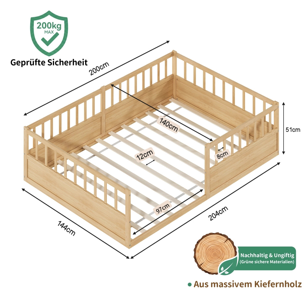 Letto per bambini, 140 x 200 cm, struttura in legno massello, sponde di sicurezza, colore naturale