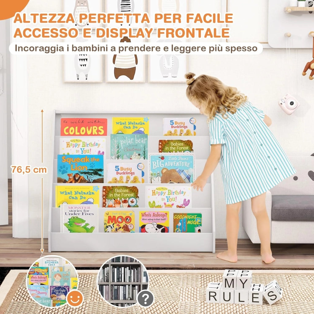 Libreria Montessoriana per Bambini a 5 Livelli, Scaffali Espositivi con Spazio Nascosto sul Retro e Antiribaltamento, per Cameretta, Soggiorno e Asilo Nido, 91 x 38 x 76,5 cm (Bianco)