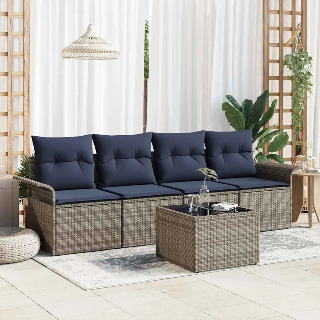 Set Divano da Giardino 5 pcs Grigio e Blu Navy polyrattan