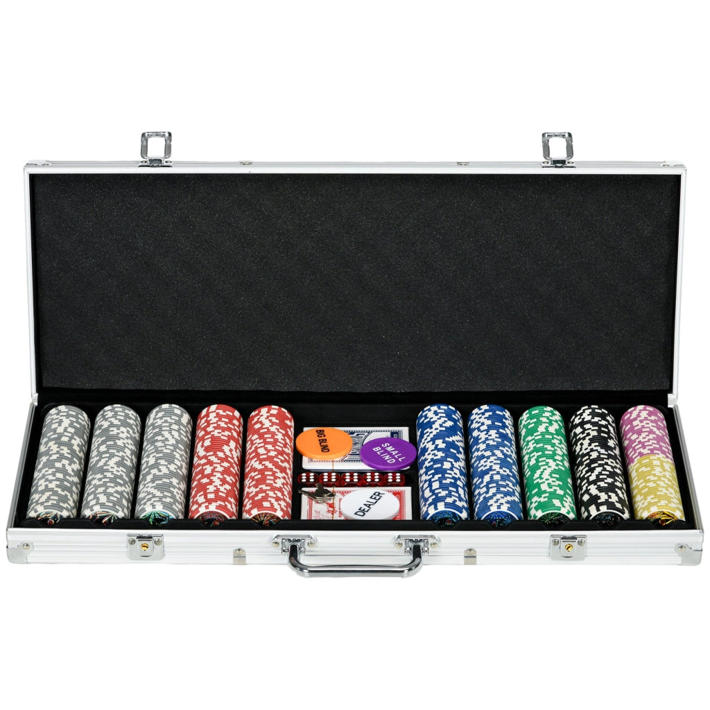 Set Poker per 9-10 Giocatori con 500 Fiches 2 Mazzi di Carte e 5 Dadi con Valigetta in Alluminio e Poliestere Argento