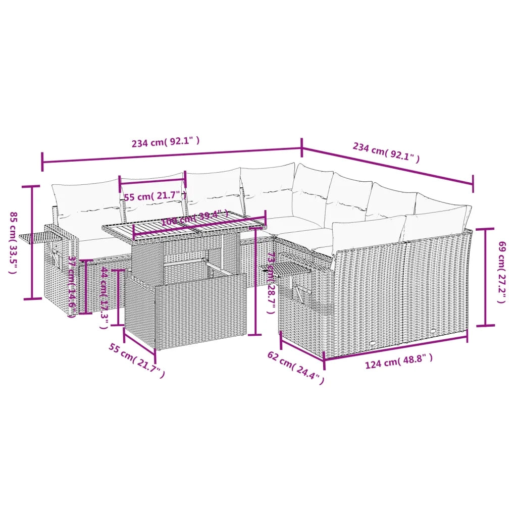 Set Divano da Giardino 9 pz con Cuscini Grigio in Polyrattan